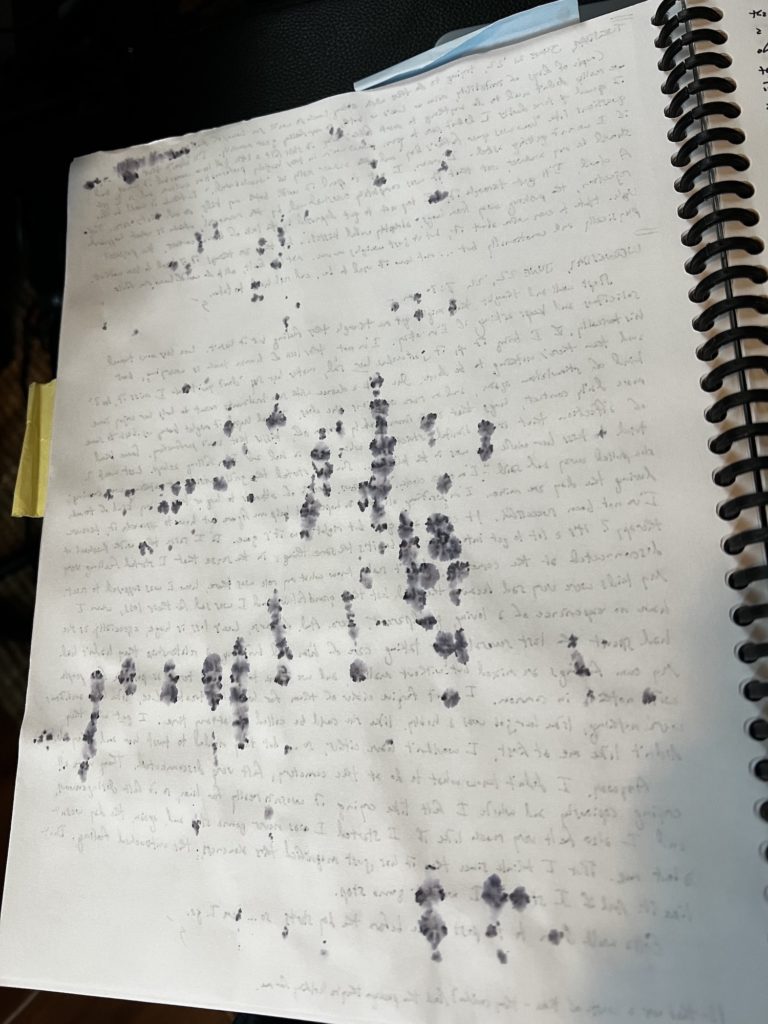 Water has soaked through a page of my journal and smeared the ink.