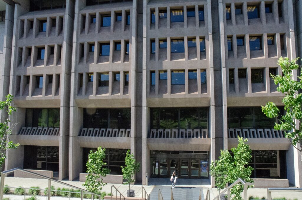 Byrd Library – the entrance has been dropped a story.