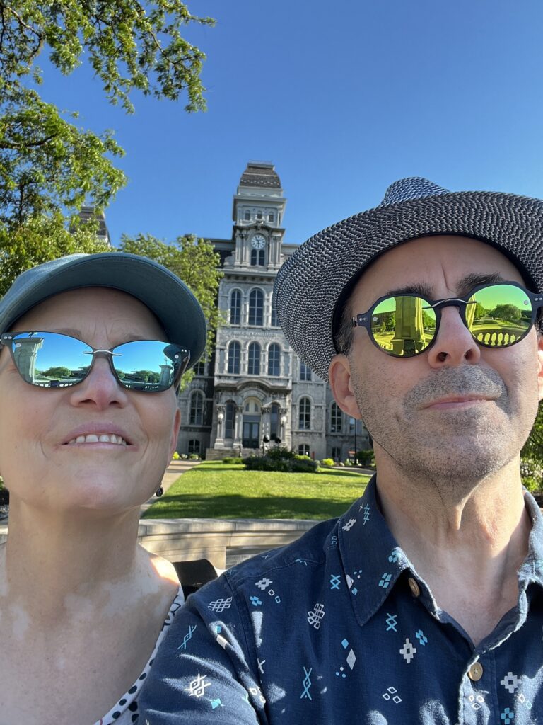 Lee and CJ in front of the Hall of Languages