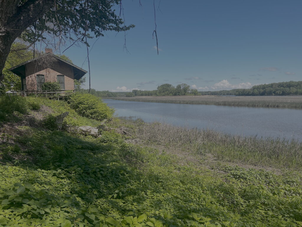 Photograph of the edge of the Mohawk River, with extensive green river's edge plants along the edge of a blue flowing river. On the far left is a low brick building, once a small railroad station.